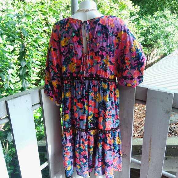 Anthro Tiered Puff Sleeve Cottagecore Prairie Boho Floral Midi Dress - Picture 3 of 9